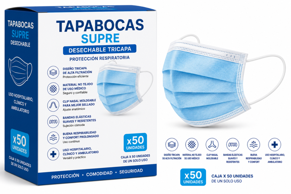 TAPABOCAS DESECHABLE ELÁSTICO AZUL SUPRE CX50