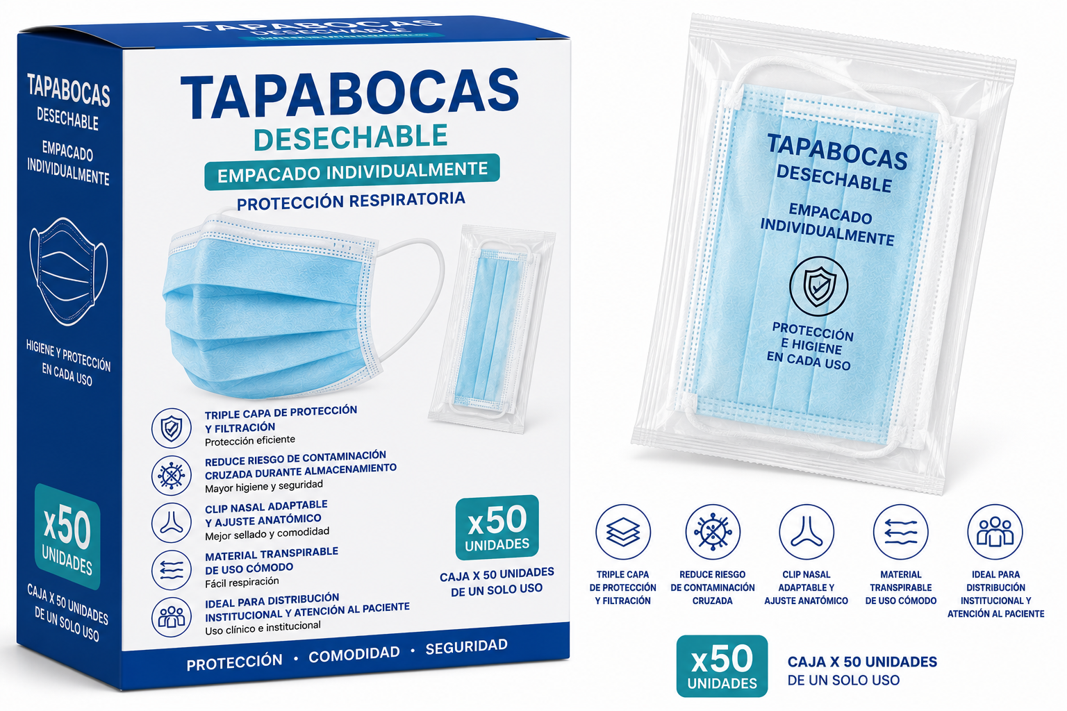 TAPABOCAS X50 PRESENTACIÓN INDIVIDUAL